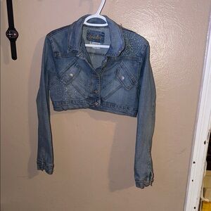 Younique Stretch RhinestoneBlinged and Distressed Denim Crop Jacket size Large